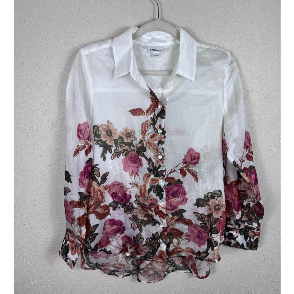 Bailey/44 White Button down watercolor floral design Sheer Top Size Medium